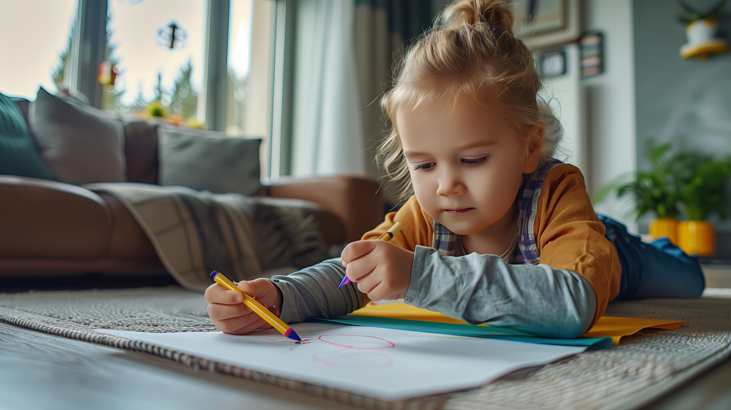 Close up kid drawing with crayon, coloring
