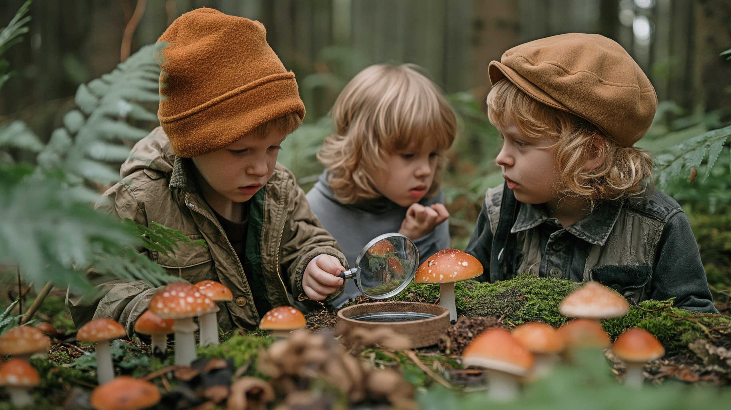 Kids looking via a magnifying glass in the forest.