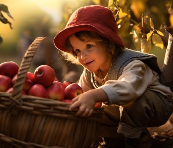 A girl collecting apples in a basket beautiful harvest seasons fall