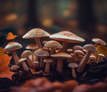 Autumn forest close up yellow edible fungus growth generated by artificial intelligence