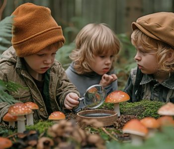 Kids looking via a magnifying glass in the forest.