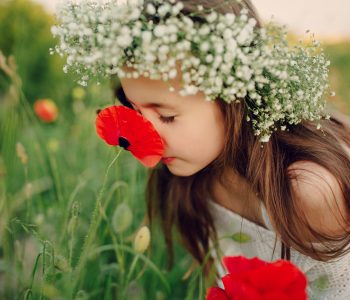 beautiful little girl in a wreath of poppies